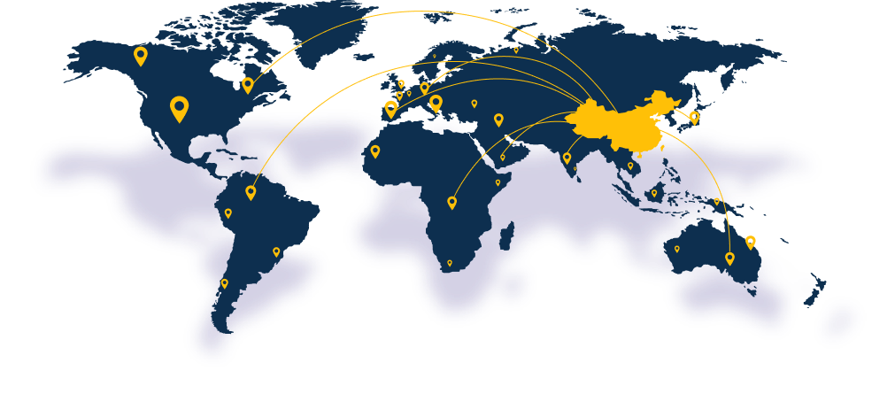 World map showing global reach with location pins